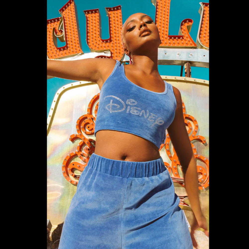 Pretty little things Disney petrol blue hotfix crop top